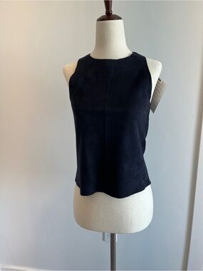 J Brand Midnight Blue Suede High-Neck Sleeveless Crop Top